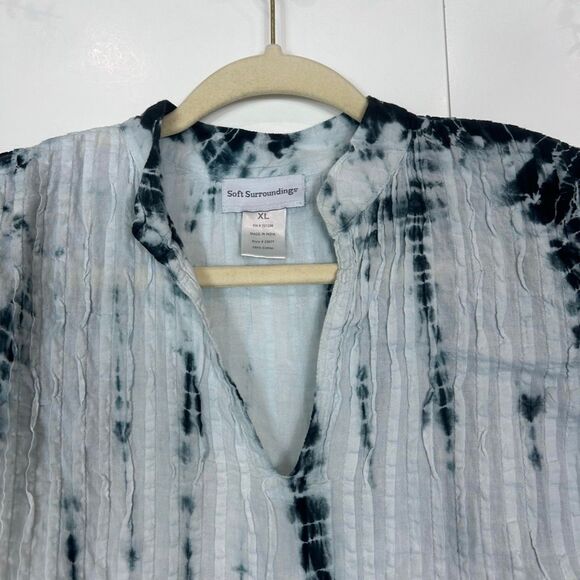 Soft Surroundings Marbella Dress XL Blue Navy Pintuck Ruffle Cotton Tie Dye boho - Picture 3 of 12